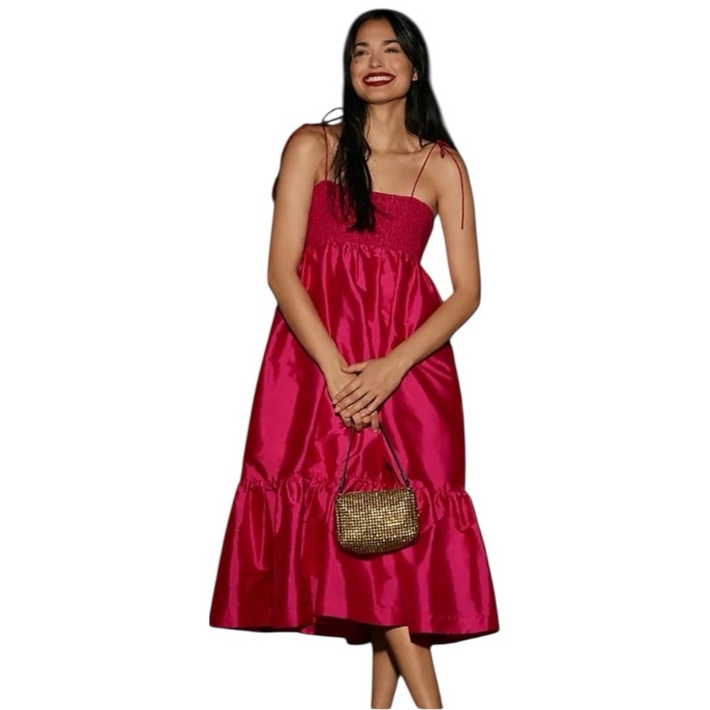 NWOT Anthropologie Dhruv Kapoor Red Smocked Bodice Tiered Midi Dress Size L - Picture 10 of 12